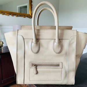 Authentic Mini Celine Luggage Handbag in Beige Calfskin